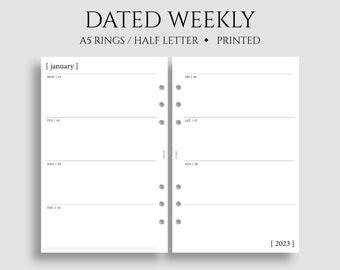 Dated Weekly Planner Inserts, Horizontal Layout, Two-Page Weekly, Minimal, Functional, WO2P ~ A5 Rings, Half Letter Size / 5.5" x 8.5"