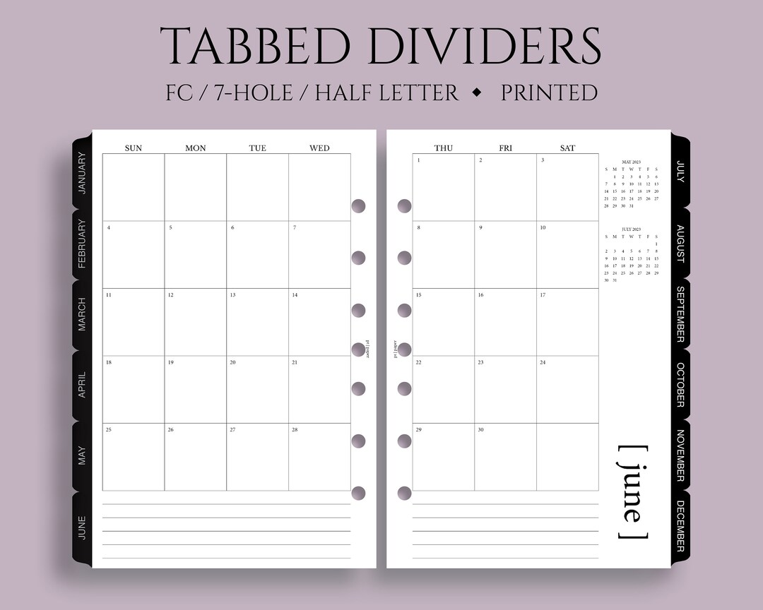 Tabbed Monthly Dividers Printed Monthly Calendars With Mylar Etsy