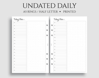 May include: Two blank daily planner pages with a dotted grid and hourly time slots from 7 am to 9 pm. The pages are labeled "Today's Date" and are designed for A5 rings and half letter size.