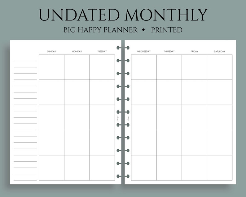 Undated Monthly Calendar Planner Inserts, Sunday Start, MO2P Layout Big Happy Planner / 8.5 x 11 image 1