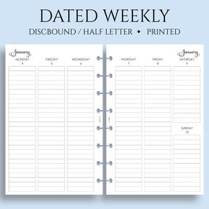 Dated Weekly Planner Inserts, Junior Half Letter Size Discbound, Vertical Layout, Lined Columns, Week on Two Pages, WO2P ~ 5.5" x 8.5"