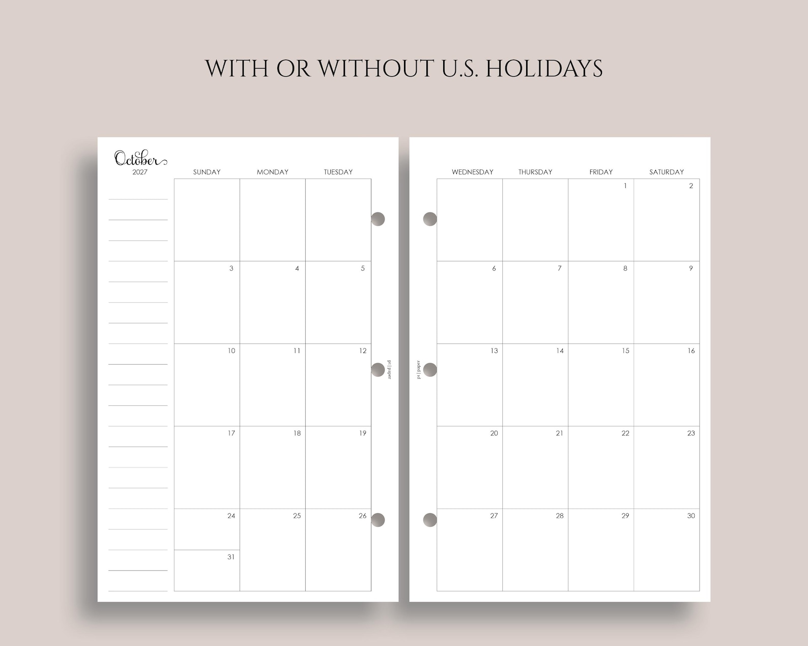 Dated Monthly Calendar Planner Inserts, 3-ring Mini, Half Letter ...