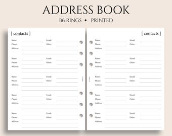 Address Book Planner Inserts, B6 Planner, 6-Ring, Contacts Pages, Phone Numbers and Addresses ~ 5.3" x 7"