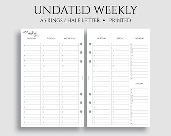 Undated Weekly Planner Inserts, Vertical Timed Hourly Layout, Week on Two Pages, WO2P ~ A5 Rings, Half Letter Size / 5.5" x 8.5"