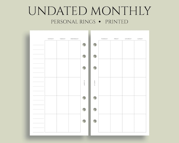 PRINTABLE Personal Size Undated Monthly Calendar Refills Cute 