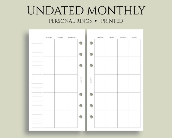 Undated Monthly Calendar Planner Inserts, 6-Ring Personal Size, Monday Start, Monday to Sunday, MO2P Layout, ~ 3.75" x 6.75"