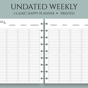 Undated Weekly Planner Inserts, Two Page Vertical Timed Hourly Layout, WO2P ~ Classic Happy Planner / 7" x 9.25" Discbound