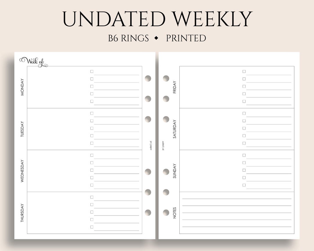 Undated Weekly Planner Inserts, B6 Planner, 6-ring, Two Page Horizontal ...