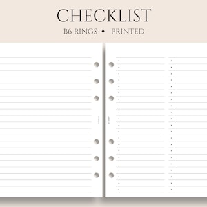 May include: A checklist notebook with B6 rings and printed lines. The notebook is open to two pages, each with a column of lines.