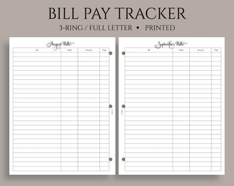 Monthly Bill Pay Tracker Planner Inserts, Bills Due Reminder, Payment Organizer ~ Fits Full Letter Size 3-Ring / 8.5" x 11"