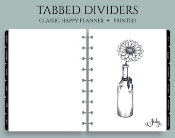 Tabbed Monthly Dividers, Printed Monthly Designs with Mylar Tabs ~ Classic Happy Planner / 7" x 9.25" Discbound