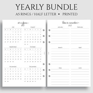Yearly Calendar Bundle, A5 6-Ring Punch, Half Letter Size, Holidays, Overview, Important Dates, Year-at-a-Glance ~ 5.5" x 8.5"