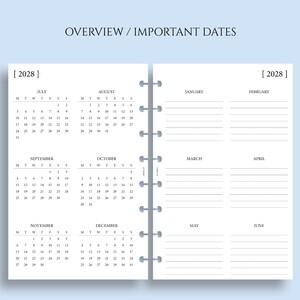 Op de afbeelding: Een planner-inzet met de tekst "OVERVIEW / IMPORTANT DATES" bovenaan. De linkerpagina toont een kalender voor 2028 met de maanden juli tot en met december. De rechterpagina heeft gelijnde secties voor januari tot en met juni.