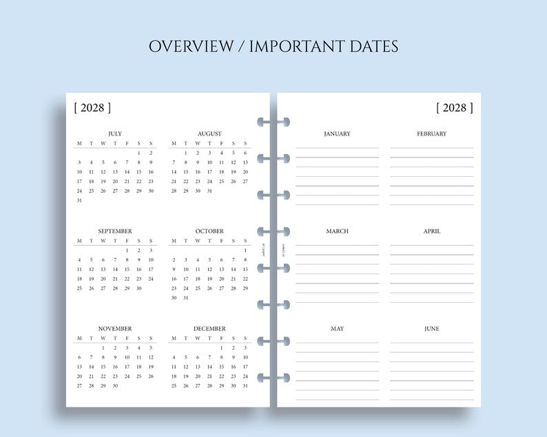 Op de afbeelding: Een planner-inzet met de tekst "OVERVIEW / IMPORTANT DATES" bovenaan. De linkerpagina toont een kalender voor 2028 met de maanden juli tot en met december. De rechterpagina heeft gelijnde secties voor januari tot en met juni.