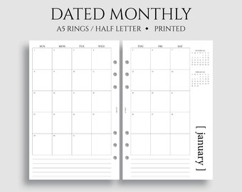 Dated Monthly Calendar Planner Inserts, Sunday Start, MO2P, Minimal, Functional ~ A5 Rings, Half Letter Size / 5.5" x 8.5"