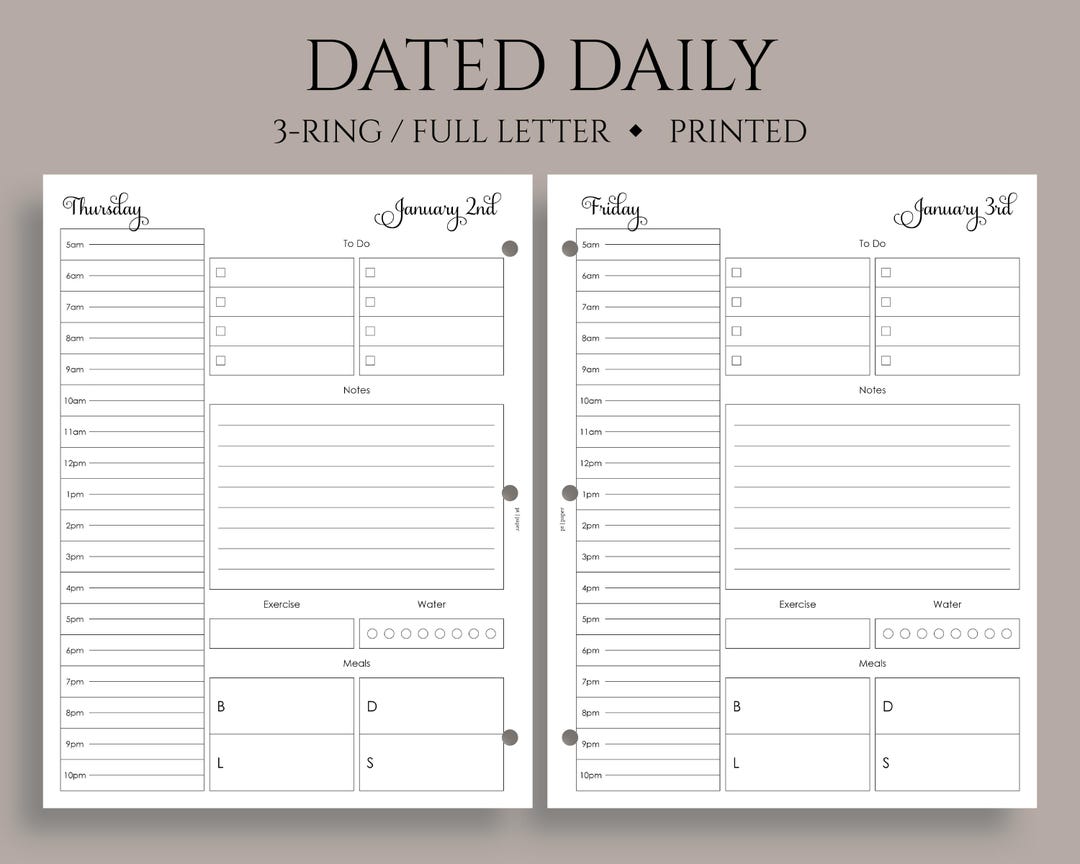 2025 Dated Daily Planner Inserts, 3-ring Full Letter, Meal, Exercise ...
