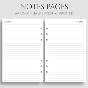 Notes Pages, Lined Paper Planner Inserts, Minimal Style, Functional ~ A5 Rings, Half Letter Size / 5.5" x 8.5"