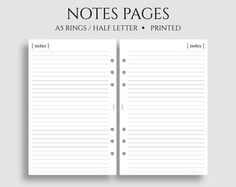 Notes Pages, Lined Paper Planner Inserts, Minimal Style, Functional ~ A5 Rings, Half Letter Size / 5.5" x 8.5"