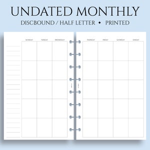 Undated Monthly Calendar Planner Inserts, Monday to Sunday, MO2P Layout, Monday Start ~ Junior Half Letter Size Discbound / 5.5&quot; x 8.5&quot;