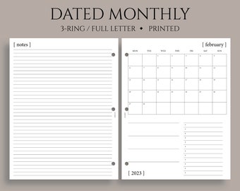 Dated Monthly Calendar Planner Inserts, Monday Start, MO1P, Minimal, Functional ~ Fits Full Letter Size 3-Ring / 8.5" x 11"