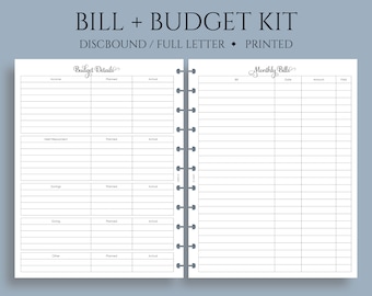 Monthly Bills and Budget Kit Planner Inserts, Income, Expenses, Debt Payment Tracker ~ Full Letter Size Discbound / 8.5" x 11"