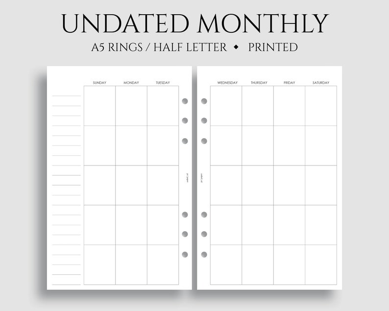 Undated Monthly Calendar Planner Inserts, A5 6-ring Punch, Half Letter ...