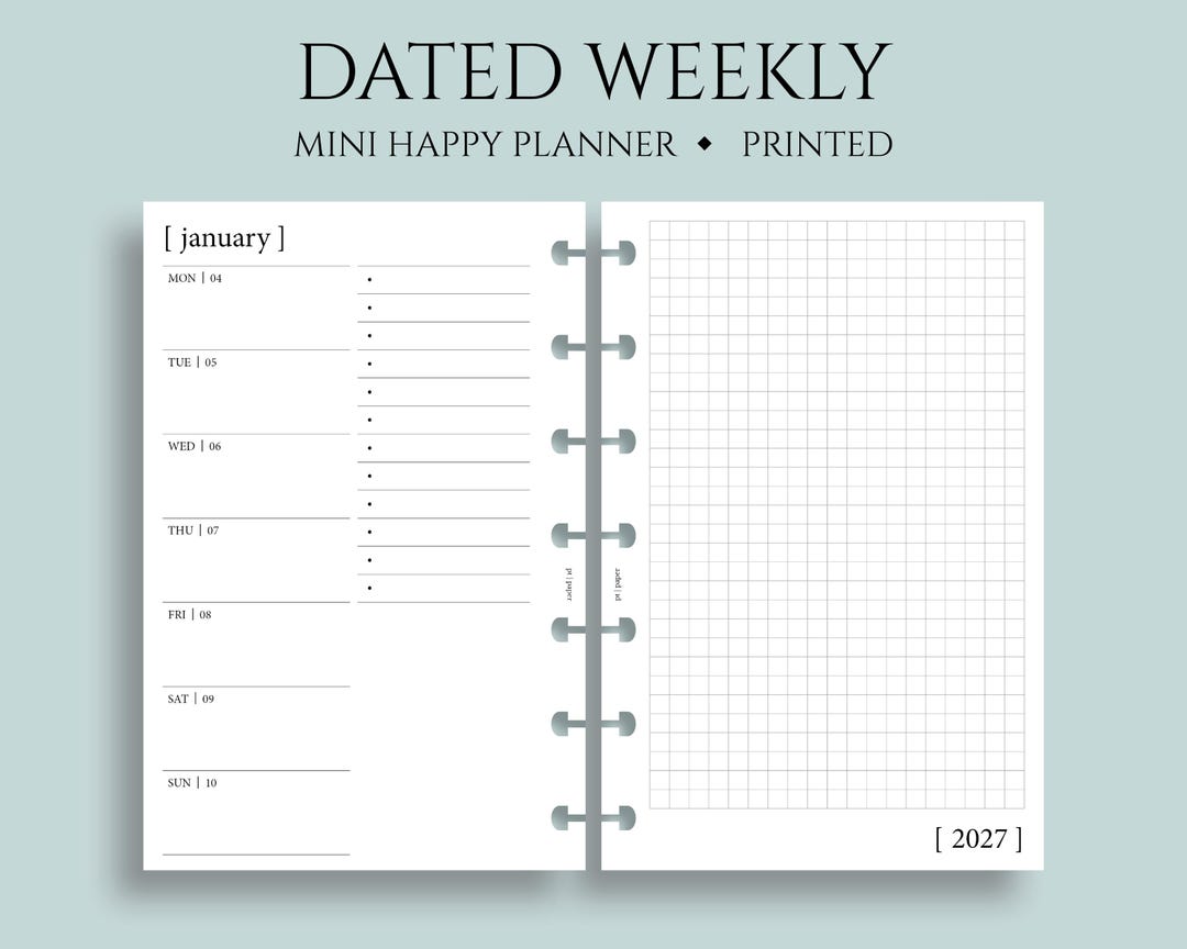 Dated Weekly Planner Inserts, Mini Happy Planner, Horizontal, Grid, Two ...