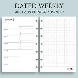 Dated Weekly Planner Inserts, Mini Happy Planner, Horizontal, Grid, Two-Page Weekly, Minimal, Functional, WO2P ~ 4.6" x 7"