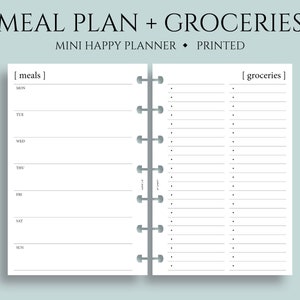 Op de afbeelding: Een printbare maaltijdplanner en boodschappenlijst met een witte achtergrond en zwarte tekst. De planner is verdeeld in twee secties, een voor maaltijden en een voor boodschappen. De maaltijdsectie heeft een kolom voor elke dag van de week, en de boodschappenlijst heeft een lijst met items om te kopen.