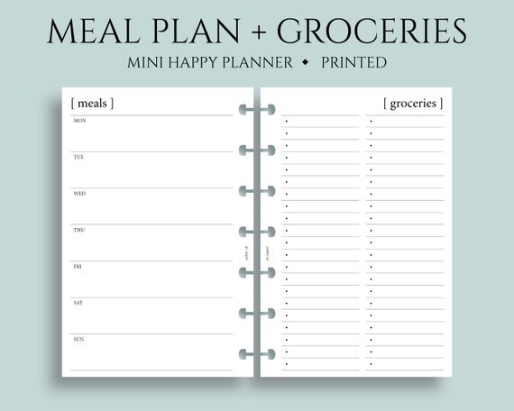 Weekly Meal Planning and Grocery Shopping List Planner Inserts, Minimal Style, Functional ~ Mini Happy Planner / 4.6" x 7" Discbound