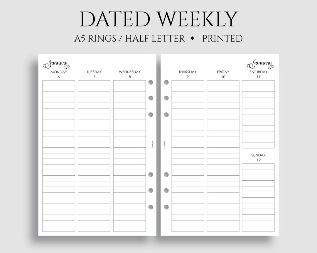 2025 Dated Weekly Planner Inserts, A5 6-ring Punch, Half Letter Size ...