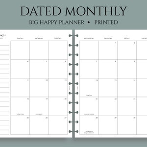 Dated Monthly Calendar Planner Inserts, Sunday Start, Optional Holidays, MO2P Big Happy Planner / 8.5 x 11 image 1