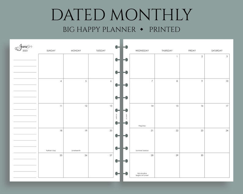 Dated Monthly Calendar Planner Inserts, Sunday Start, Optional Holidays, MO2P Big Happy Planner / 8.5 x 11 image 1