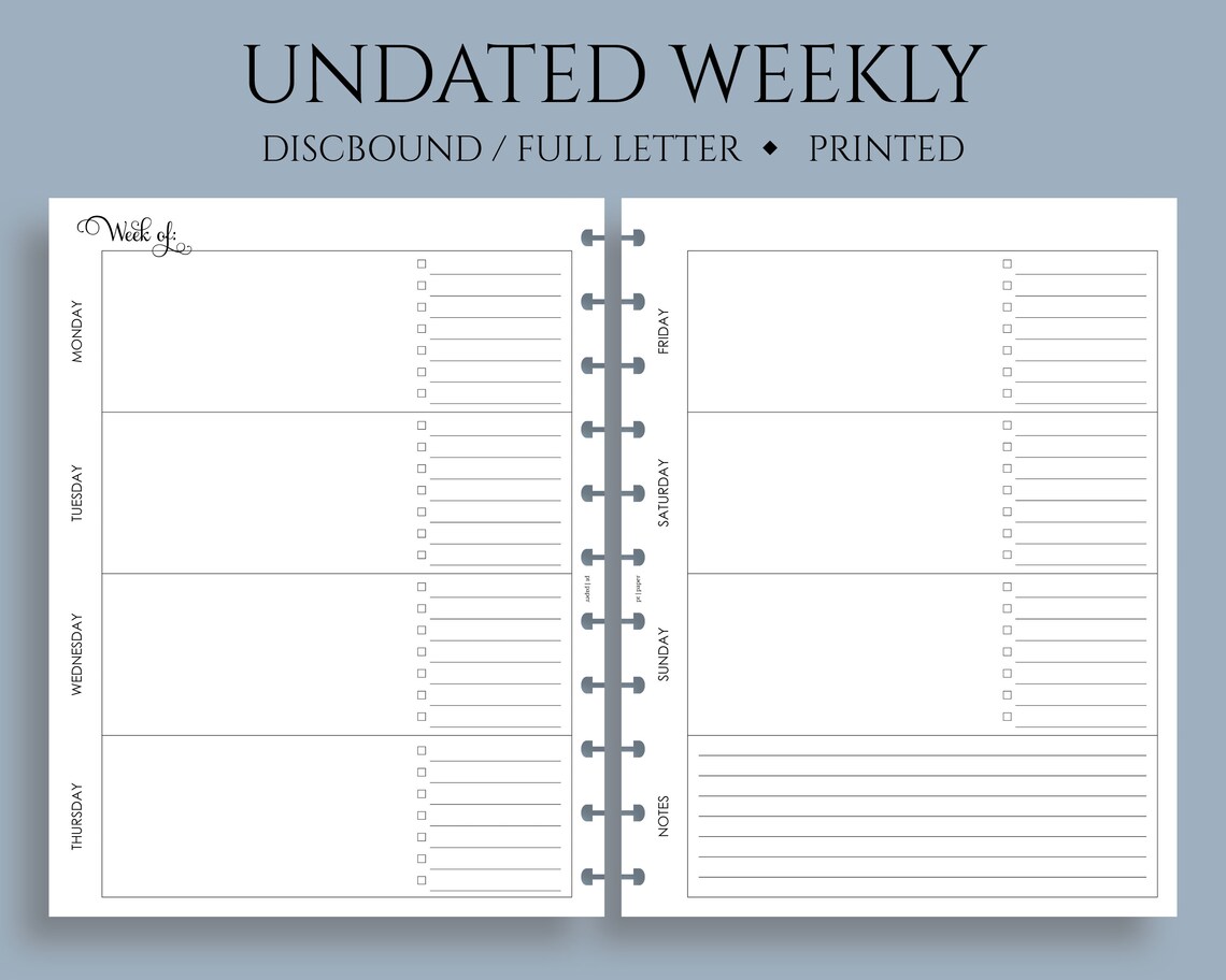 Undated Weekly Planner Inserts, Horizontal Week on Two Pages, Daily to ...