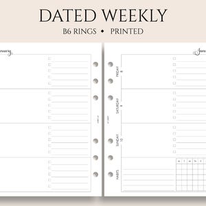 Dated Weekly Planner Inserts, B6 Planner, 6-Ring, Horizontal Layout, Daily To Do List, Habit Tracker, WO2P ~ 5.3" x 7"