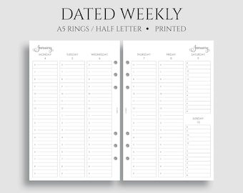 Dated Weekly Planner Inserts, A5 6-Ring Punch, Half Letter Size, Vertical Timed Hourly Layout, Week on Two Pages, WO2P ~ 5.5" x 8.5"