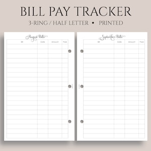 Monthly Bill Pay Tracker Planner Inserts, Bills Due Reminder, Payment Organizer ~ Half Letter Size 3-Ring / 5.5&quot; x 8.5&quot;