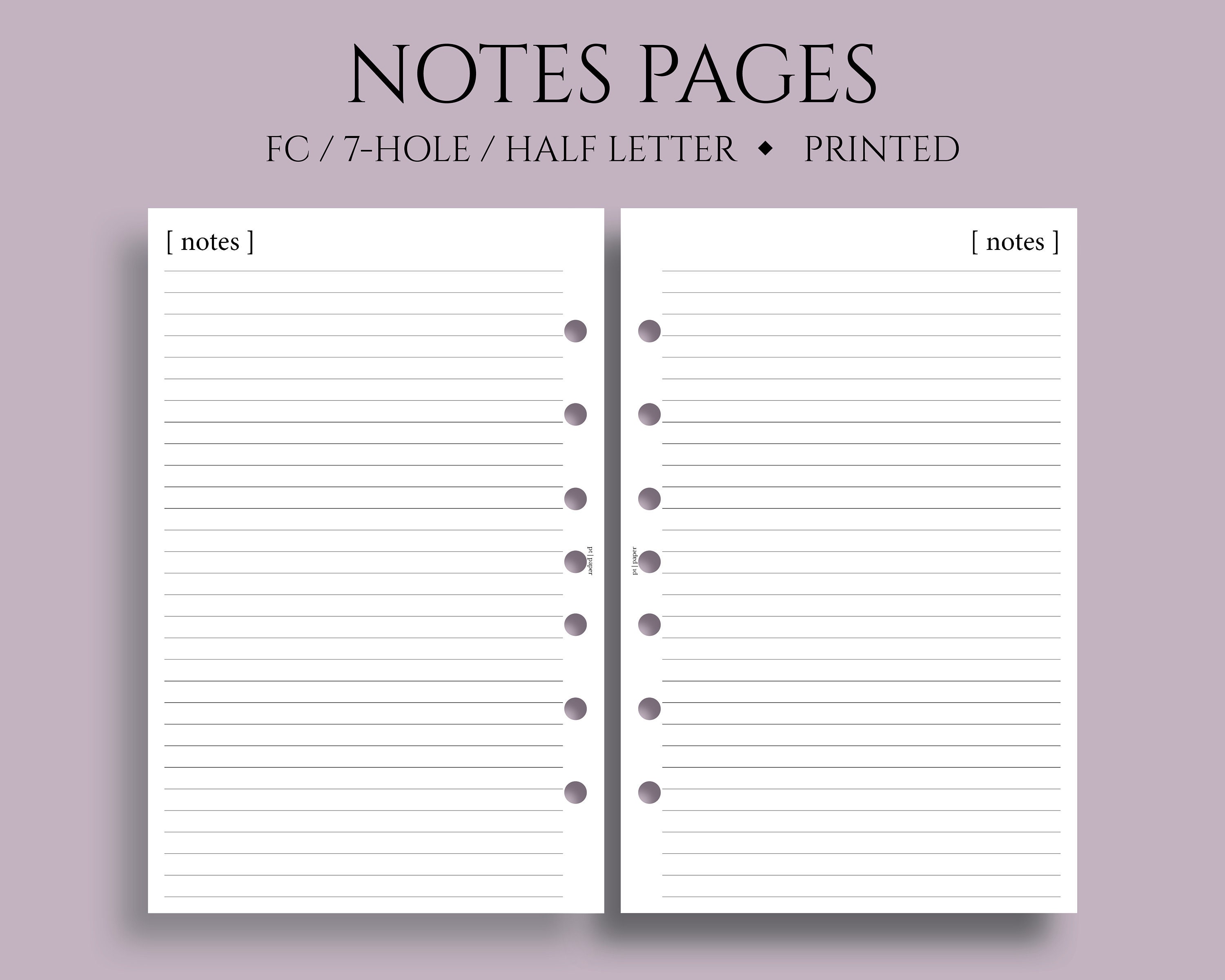 Notes Pages, Lined Paper Planner Inserts, Minimal Style, Functional ~ FC Classic 7-Hole, Half Letter Size / 5.5" x 8.5"