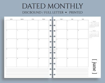 Dated Monthly Calendar Planner Inserts, Sunday Start, MO2P, Minimal, Functional ~ Full Letter Size Discbound / 8.5" x 11"