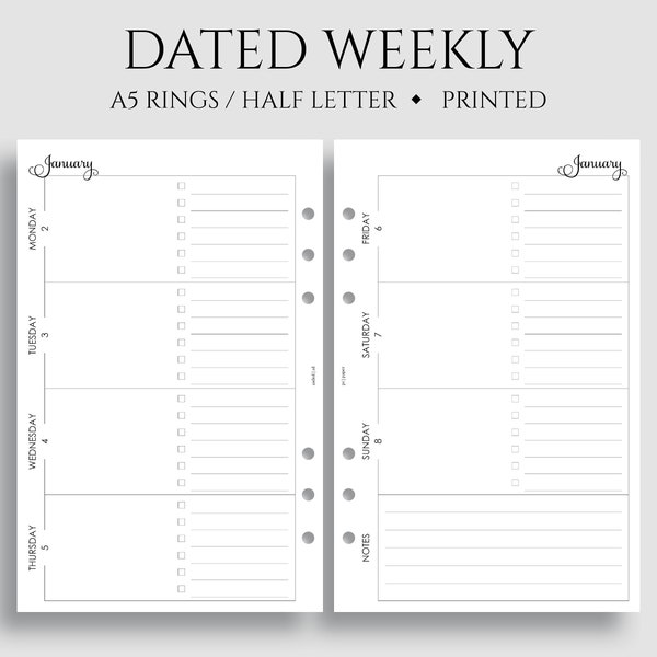 Dated Weekly Planner Inserts, Horizontal Layout, Daily To Do List, Lined Notes Section, WO2P ~ A5 Rings, Half Letter Size / 5.5" x 8.5"