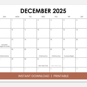 Puede incluir: Un calendario imprimible de diciembre de 2025 con fechas importantes resaltadas, incluyendo Hanukkah, el solsticio de invierno, Nochebuena, Navidad y Kwanzaa.