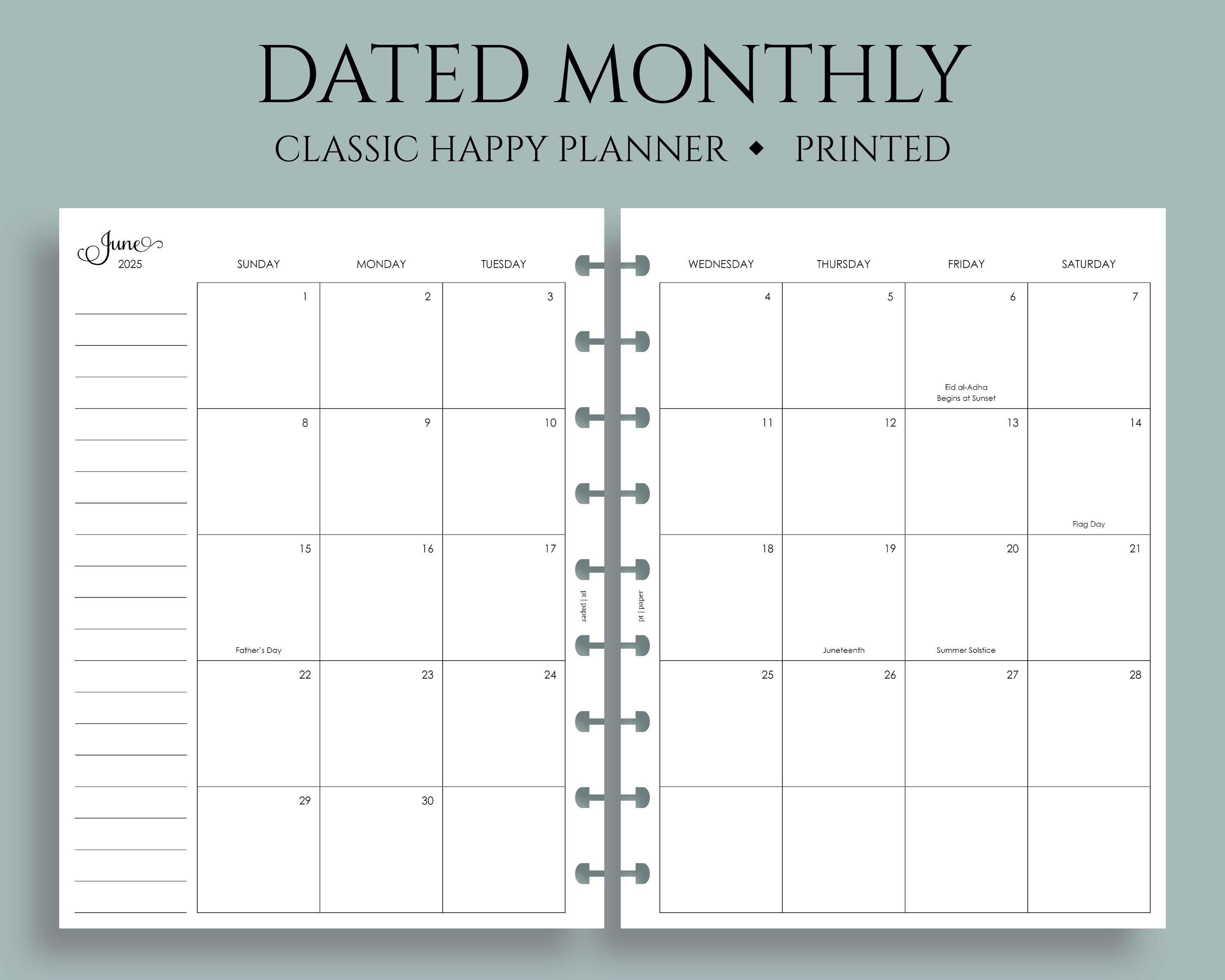 Dated Monthly Calendar Planner Inserts, Classic Happy Planner, Sunday Start, with Holidays, MO2P ~ 7" x 9.25"