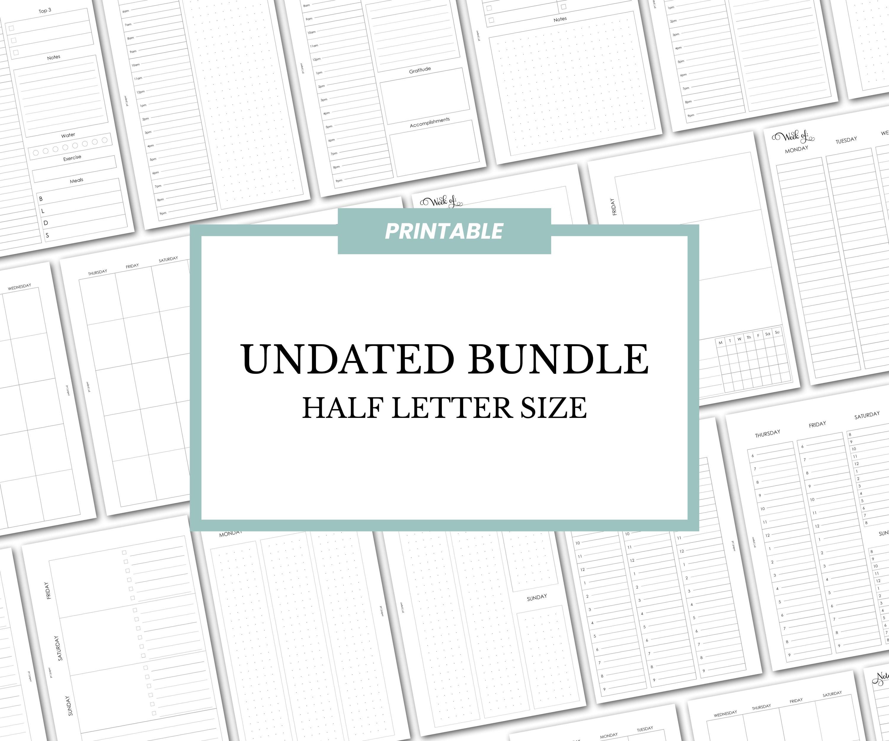 Undated Printable Bundle, Half Letter Size, Undated Daily, Weekly, Monthly Pages ~ 5.5 x 8.5