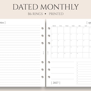 Dated Monthly Calendar Planner Inserts, B6 Planner, 6-Ring, Monday Start, MO1P, Minimal, Functional ~ 5.3" x 7"
