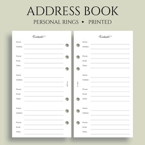 May include: Two pages of a white address book with a black printed title "Contacts" and lines for writing names, addresses, phone numbers, emails, and other information. The pages are punched with six holes for a binder.