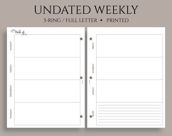 Undated Weekly Planner Inserts, Horizontal Week on Two Pages, Lined Notes Section, WO2P ~ Fits Full Letter Size 3-Ring / 8.5" x 11"