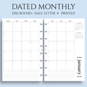 Dated Monthly Calendar Planner Inserts, Junior Half Letter Size Discbound, Monday Start, MO2P, Minimal, Functional ~ 5.5 x 8.5"