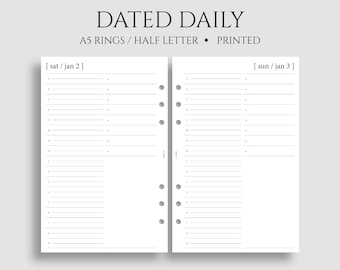 Dated Daily Planner Inserts, A5 6-Ring Punch, Half Letter Size, Hourly, Minimal, To-Do List, Notes, Functional DO1P ~ 5.5" x 8.5"