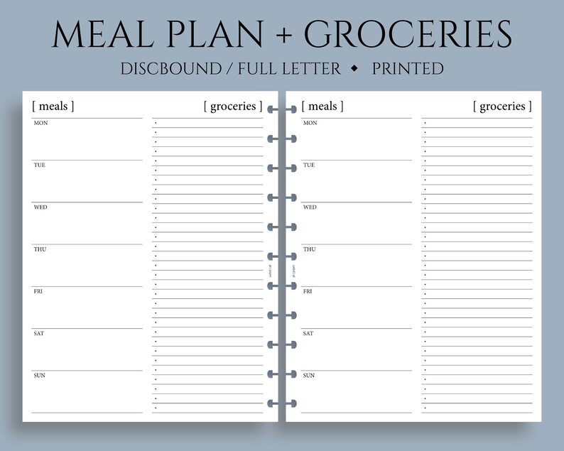 Weekly Meal Planning and Grocery Shopping List Planner Inserts, Minimal Style, Functional Full Letter Size Discbound / 8.5 x 11 image 1
