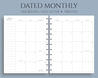 Dated Monthly Calendar Planner Inserts, Monday Start, Optional Holidays, MO2P ~ Full Letter Size Discbound / 8.5" x 11"